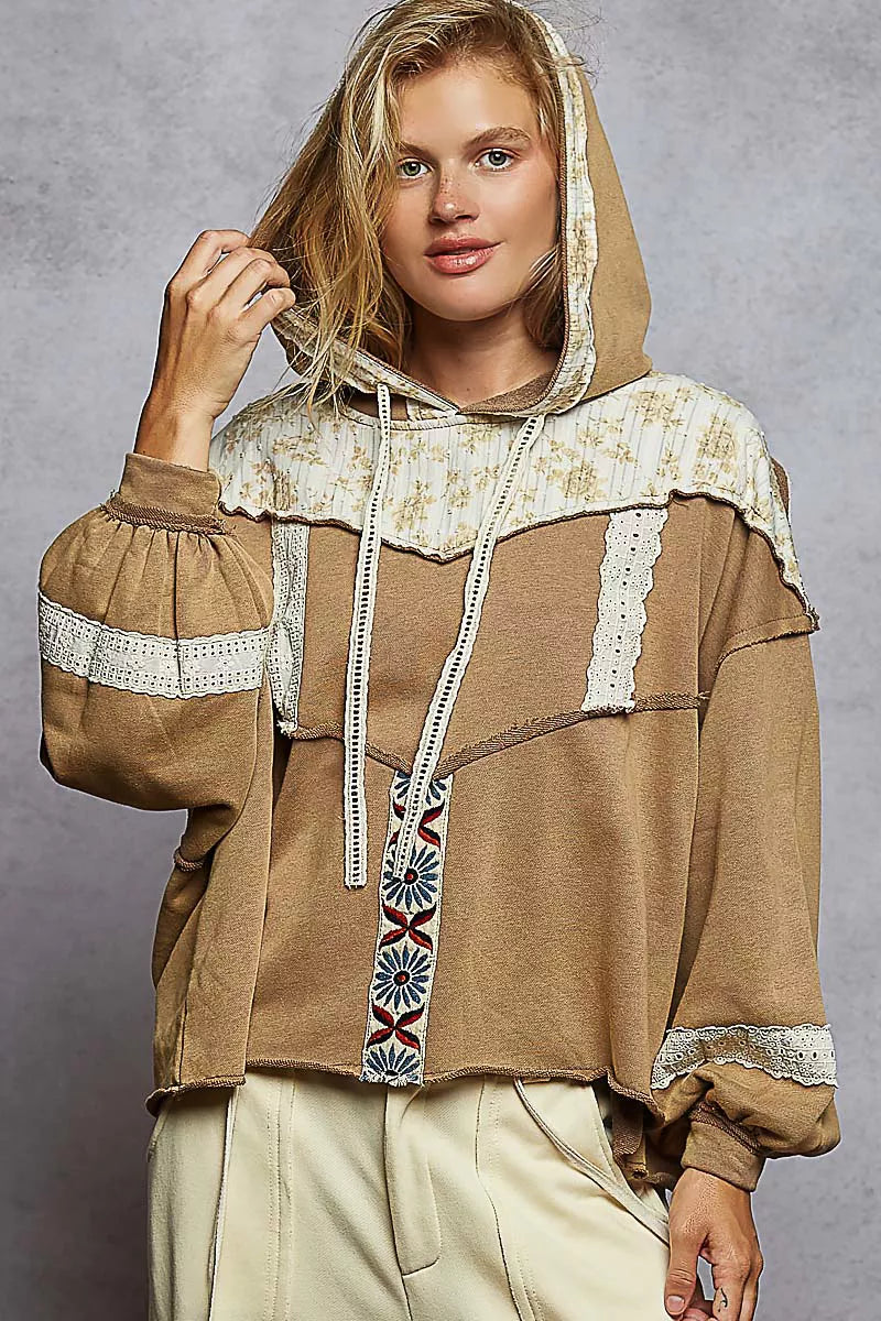POL Drawstring French Terry Hoodie with Gauze Print Patch. **FALL DEBUT SALE** on Simply Obsessed