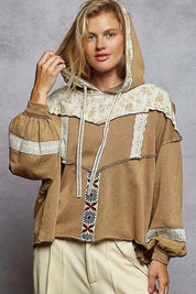 POL Drawstring French Terry Hoodie with Gauze Print Patch. **FALL DEBUT SALE** on Simply Obsessed