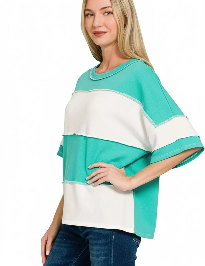 ZENANA French Terry Color Block Exposed Seam Top on Simply Obsessed