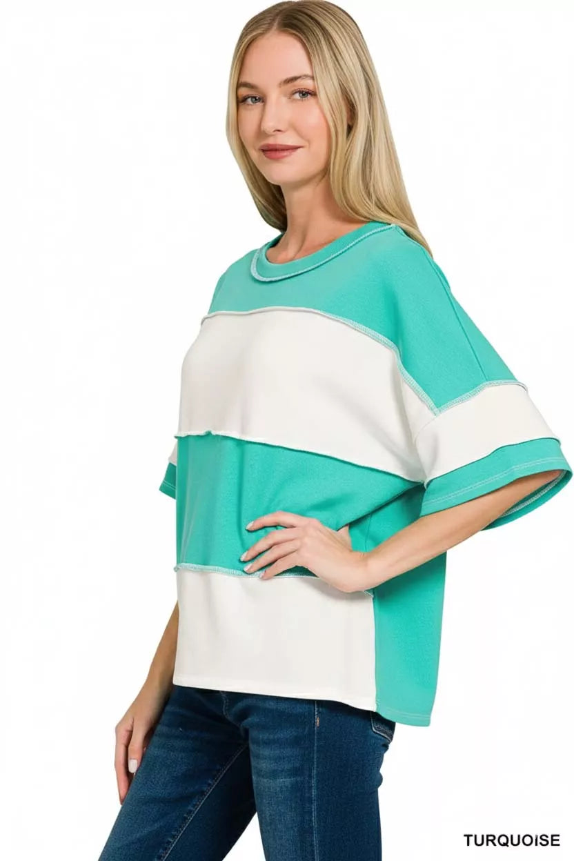 ZENANA French Terry Color Block Exposed Seam Top on Simply Obsessed