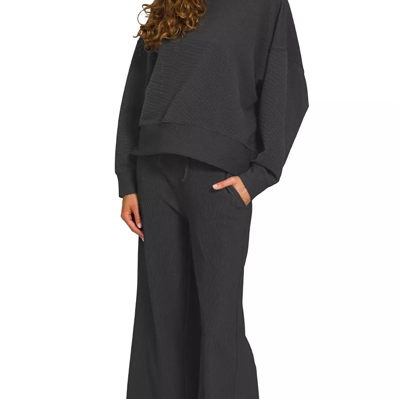Zenana Ribbed Round Neck Pullover and Drawstring Pants Set on Simply Obsessed