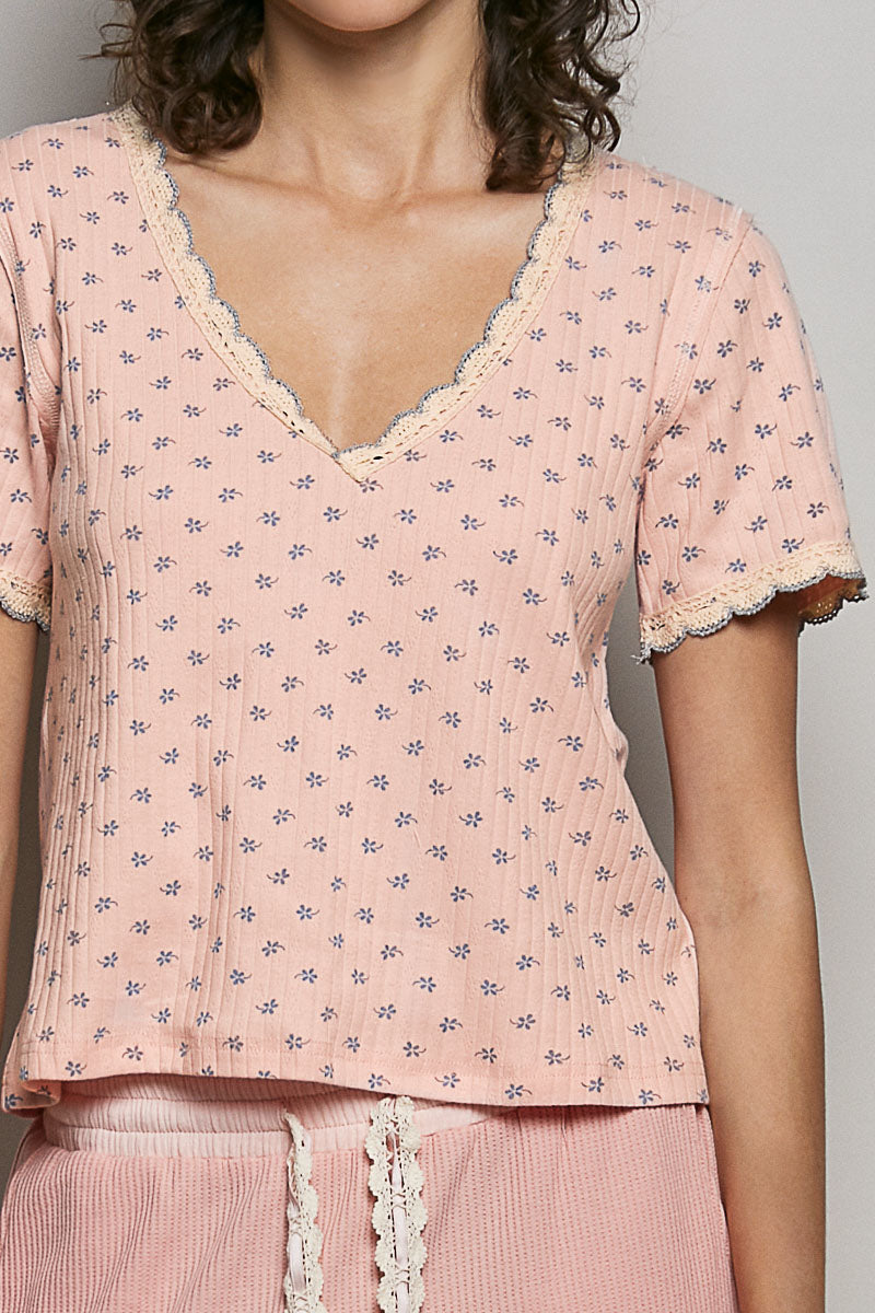 POL Floral V-Neck Short Sleeve Rib T-Shirt on Simply Obsessed