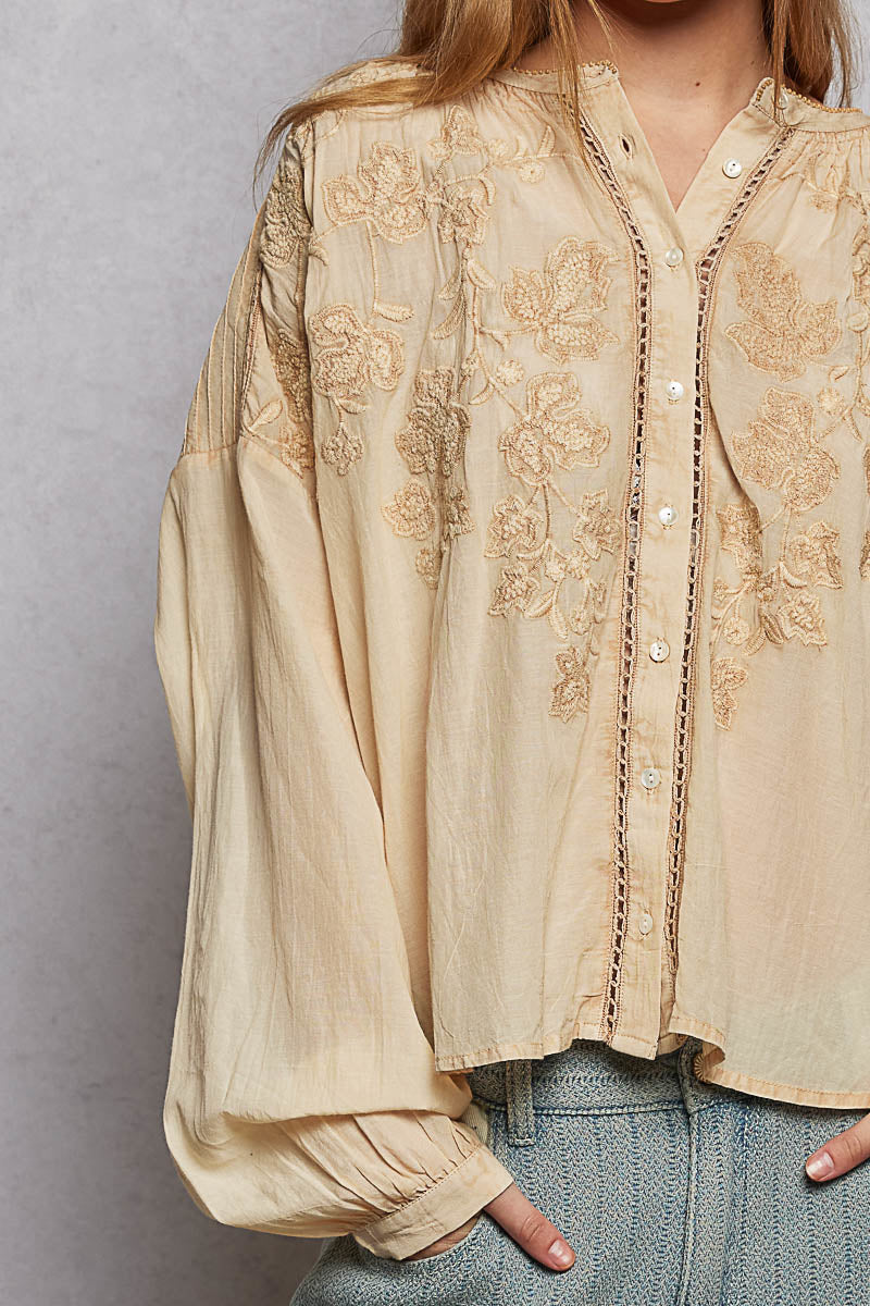 POL Embroidery Button Down Long Sleeve Washed Shirt on Simply Obsessed