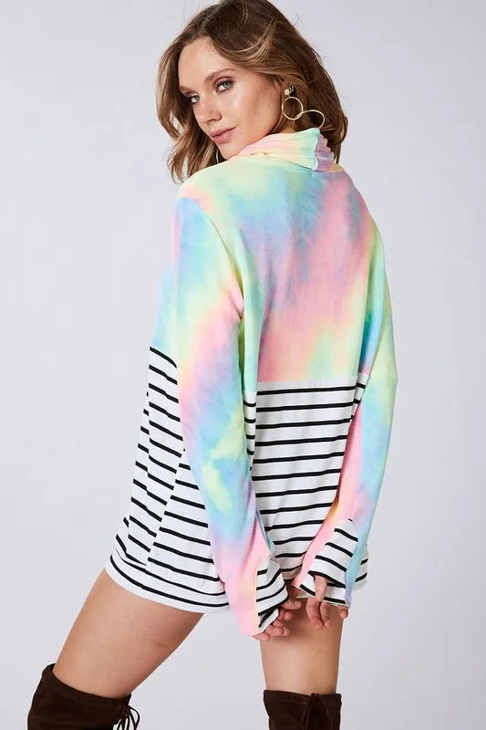 BiBi Tie Dye French Terry Cowl Neck Top on Simply Obsessed