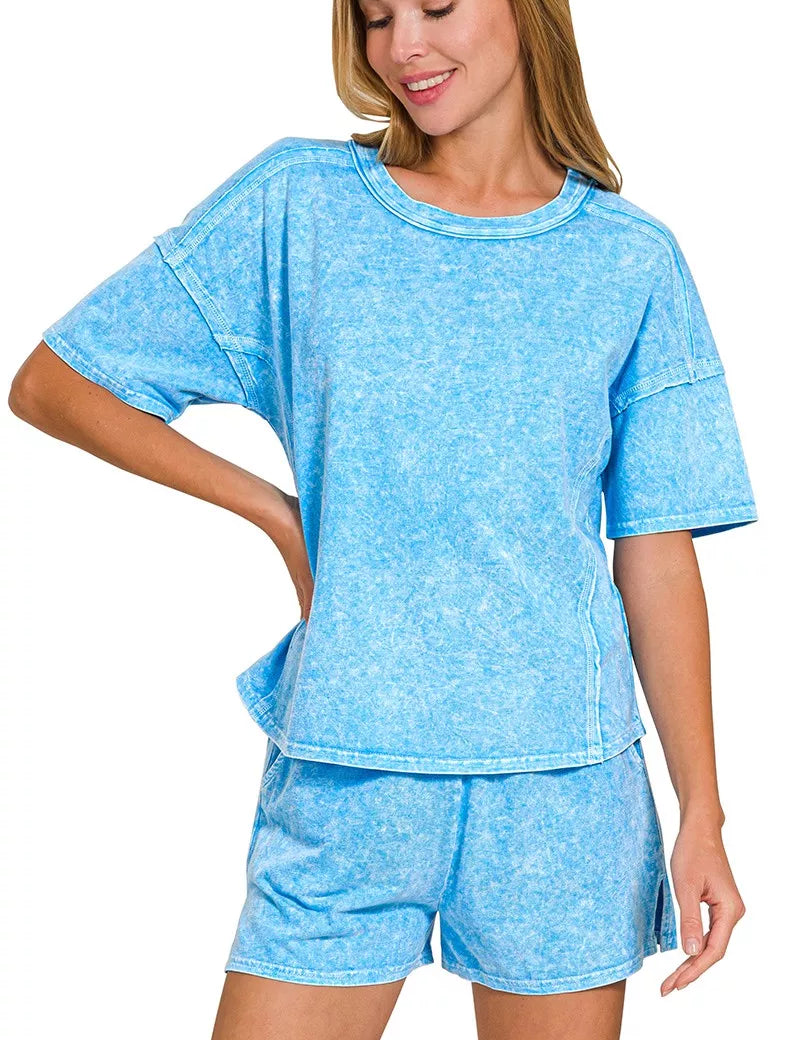 ZENANA Halo Snow Washed Short Sleeve Tee and Shorts Set on Simply Obsessed