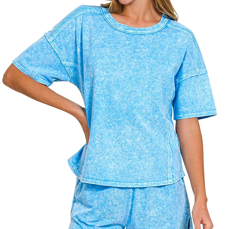 ZENANA Halo Snow Washed Short Sleeve Tee and Shorts Set on Simply Obsessed