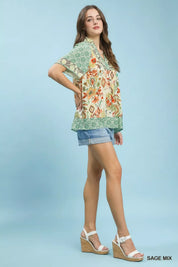 UMGEE Mixed Print V-Neck Short Sleeve Top on Simply Obsessed