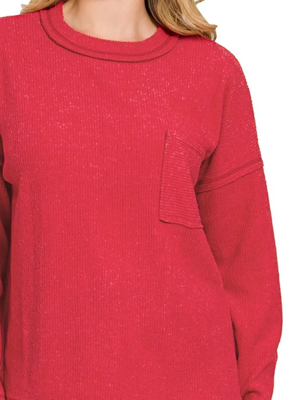 Zenana Ribbed Brushed Melange Hacci Sweater with Chest Pocket on Simply Obsessed