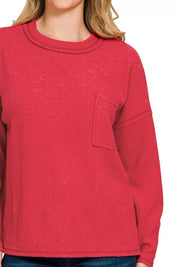 Zenana Ribbed Brushed Melange Hacci Sweater with Chest Pocket on Simply Obsessed