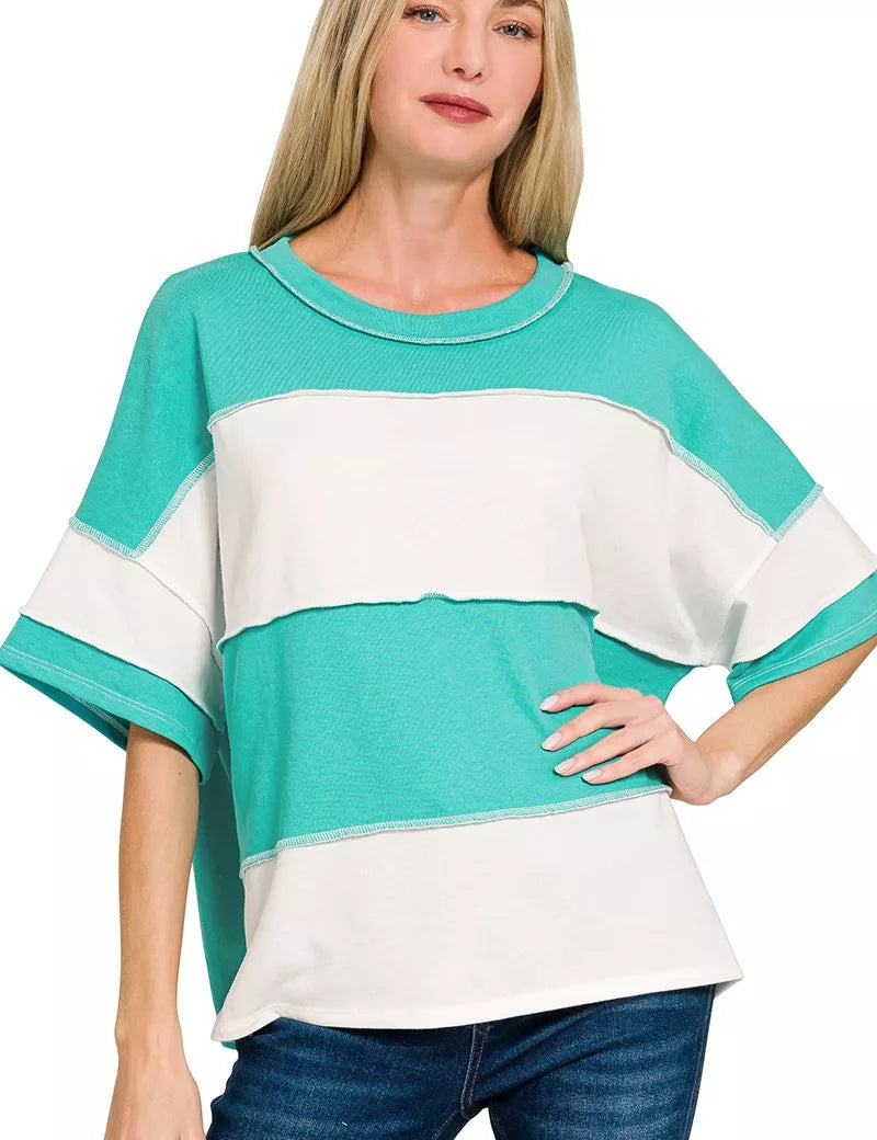 ZENANA French Terry Color Block Exposed Seam Top on Simply Obsessed