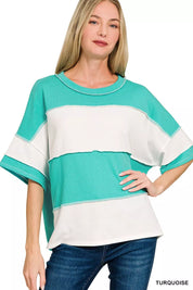 ZENANA French Terry Color Block Exposed Seam Top on Simply Obsessed