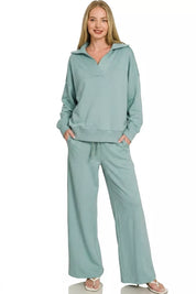 ZENANA Scuba Collared Pullover & Center Seam Pants Set on Simply Obsessed