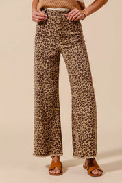 SO ME Mid Rise Leopard Twill Frayed Hem Wide Leg Pants on Simply Obsessed