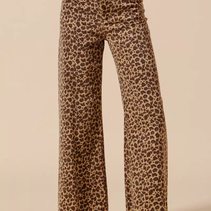 SO ME Mid Rise Leopard Twill Frayed Hem Wide Leg Pants on Simply Obsessed