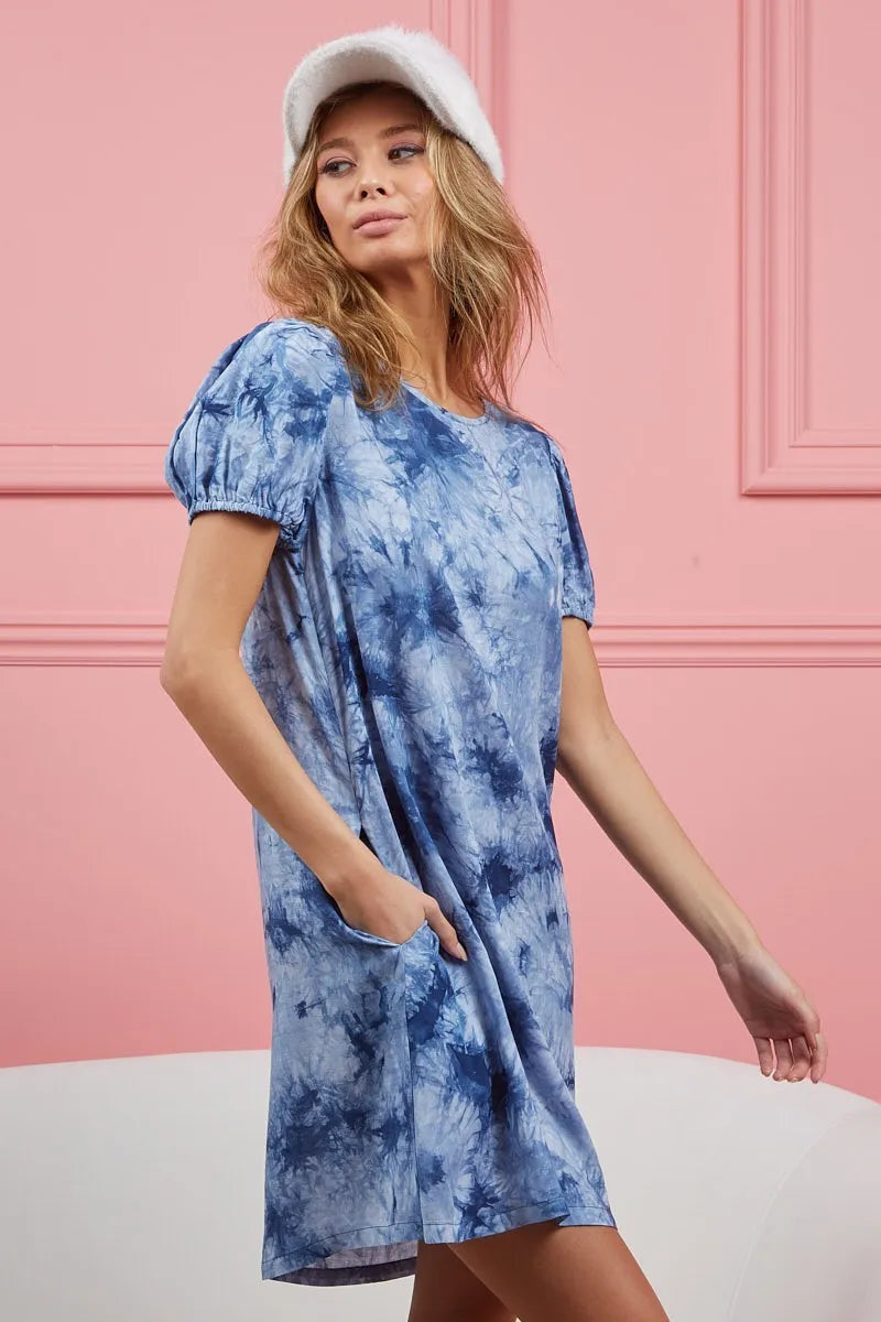 BiBi Puff Sleeve With Side Pockets Tie Dye Dress on Simply Obsessed