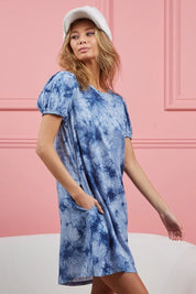 BiBi Puff Sleeve With Side Pockets Tie Dye Dress on Simply Obsessed