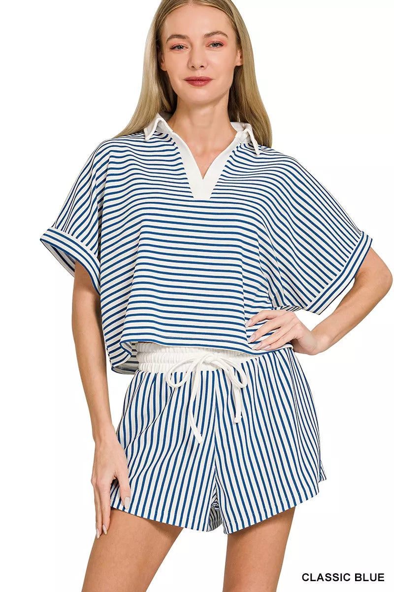 ZENANA Striped Collared Top & Shorts Set **DOORBUSTER** on Simply Obsessed