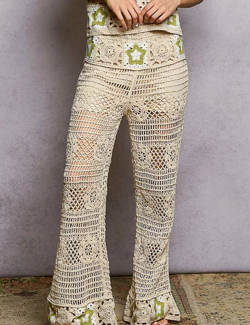 POL Openwork Crochet Flare Pants with Contrast Star on Simply Obsessed