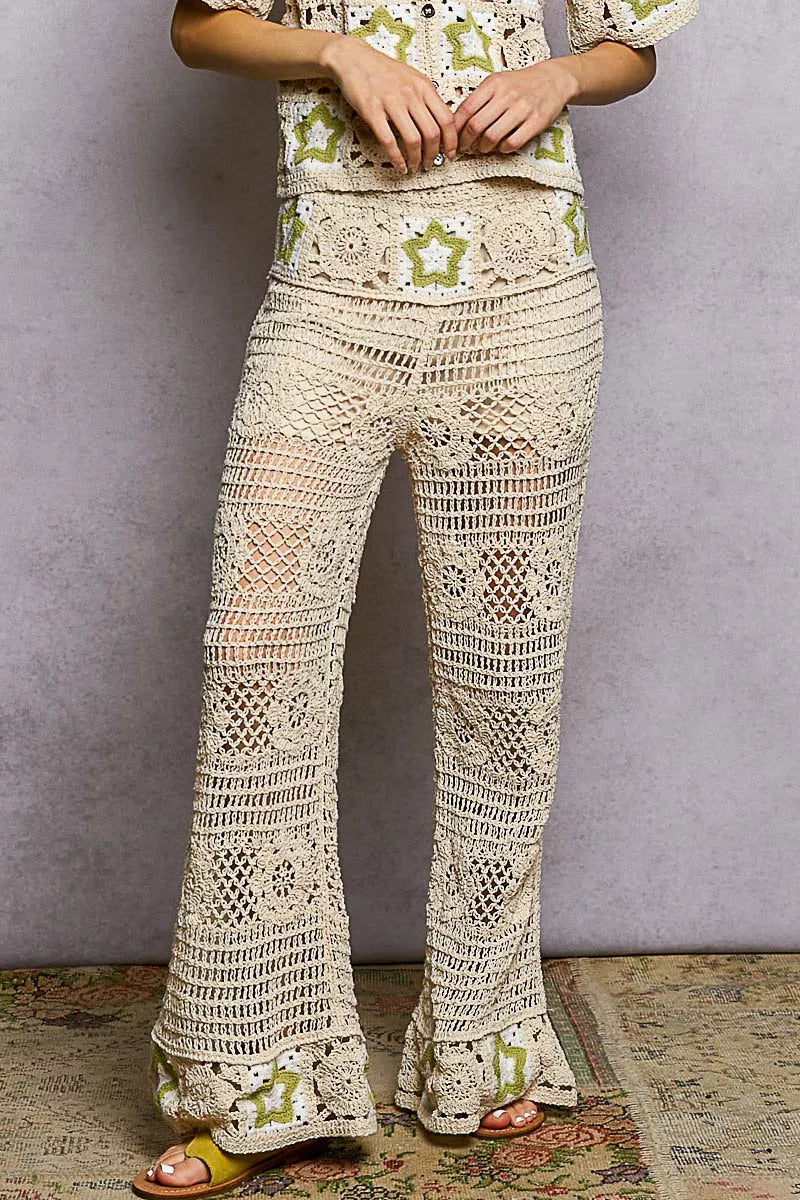 POL Openwork Crochet Flare Pants with Contrast Star on Simply Obsessed