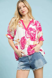 UMGEE Floral V-Neck Puff Sleeve Blouse on Simply Obsessed