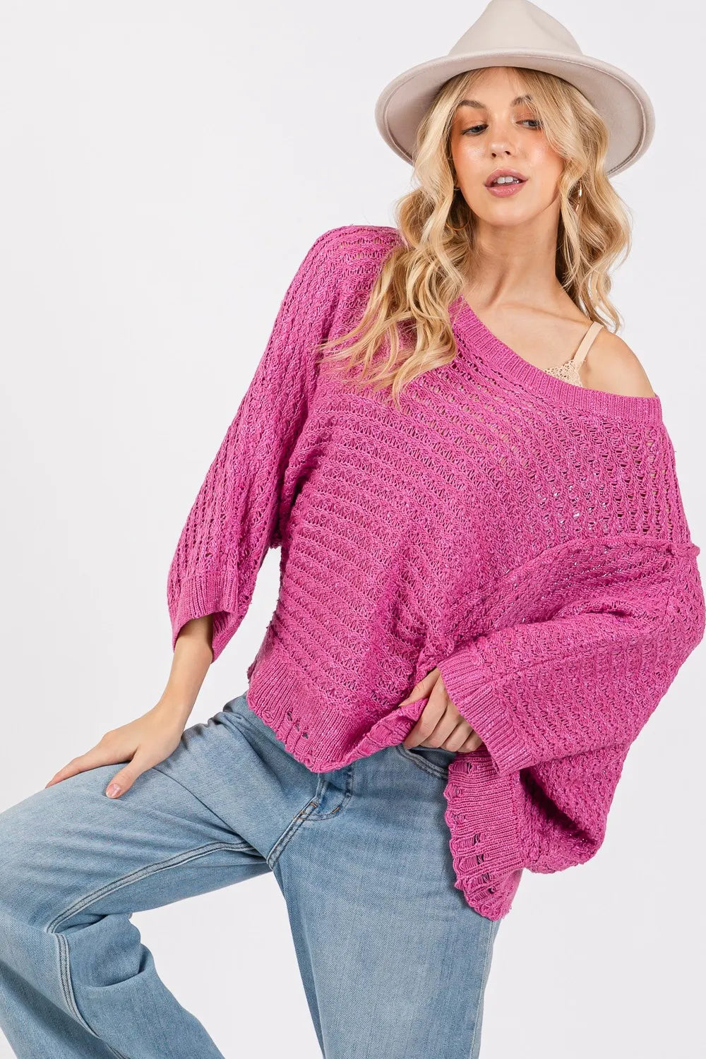 SAGE + FIG Distressed Asymmetrical Open Stitch Sweater on Simply Obsessed
