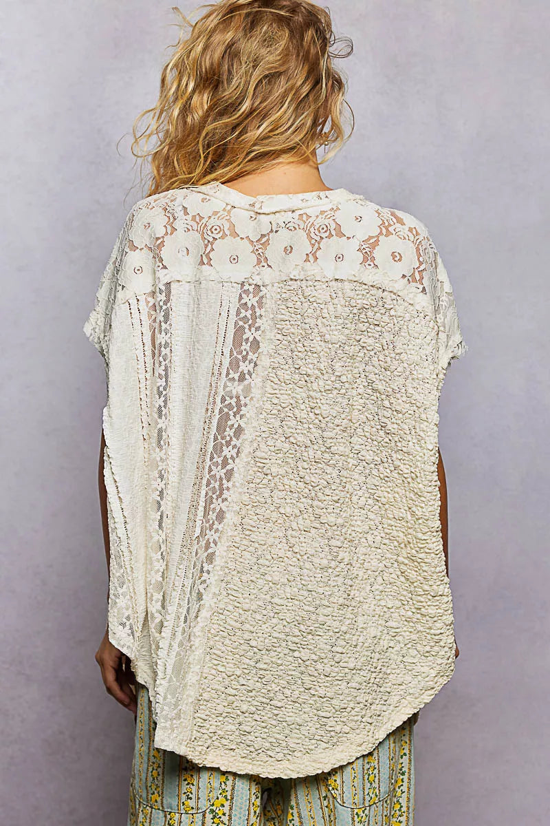 POL Asymmetrical V-Neck Short Sleeve Lace Top on Simply Obsessed