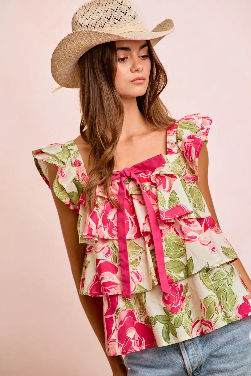 BiBi Floral Print Woven Bow Tie Ruffle Square Neck Top on Simply Obsessed