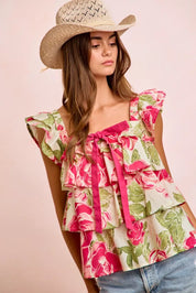 BiBi Floral Print Woven Bow Tie Ruffle Square Neck Top on Simply Obsessed