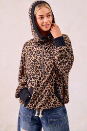 BiBi Leopard Print Waffle Half Zip Up Hoodie W Pocket on Simply Obsessed