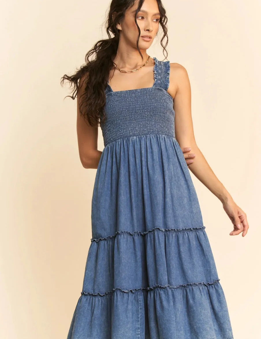 denim tiered midi dress Denim Ruffle Tiered Midi Dress Large | Women's Online Boutique | Boho Chic Style