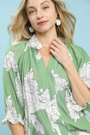 Umgee Peony Illustration Print Flounce Sleeve Blouse on Simply Obsessed