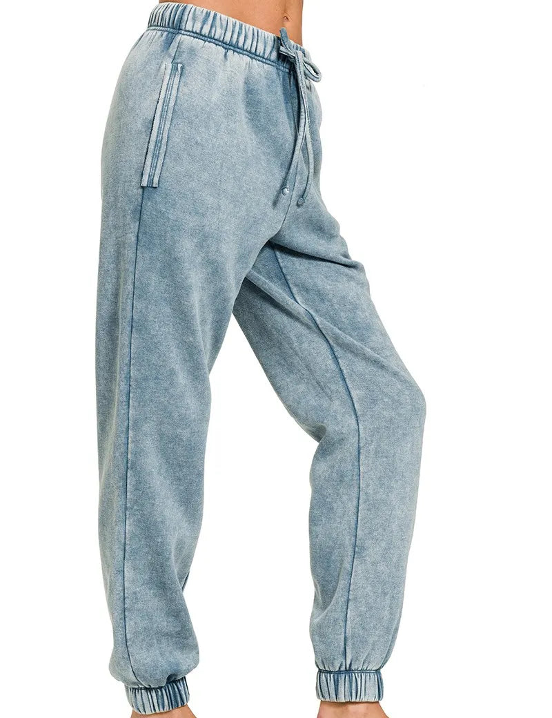 Zenana Acid Wash Fleece Sweatpants with Pockets on Simply Obsessed