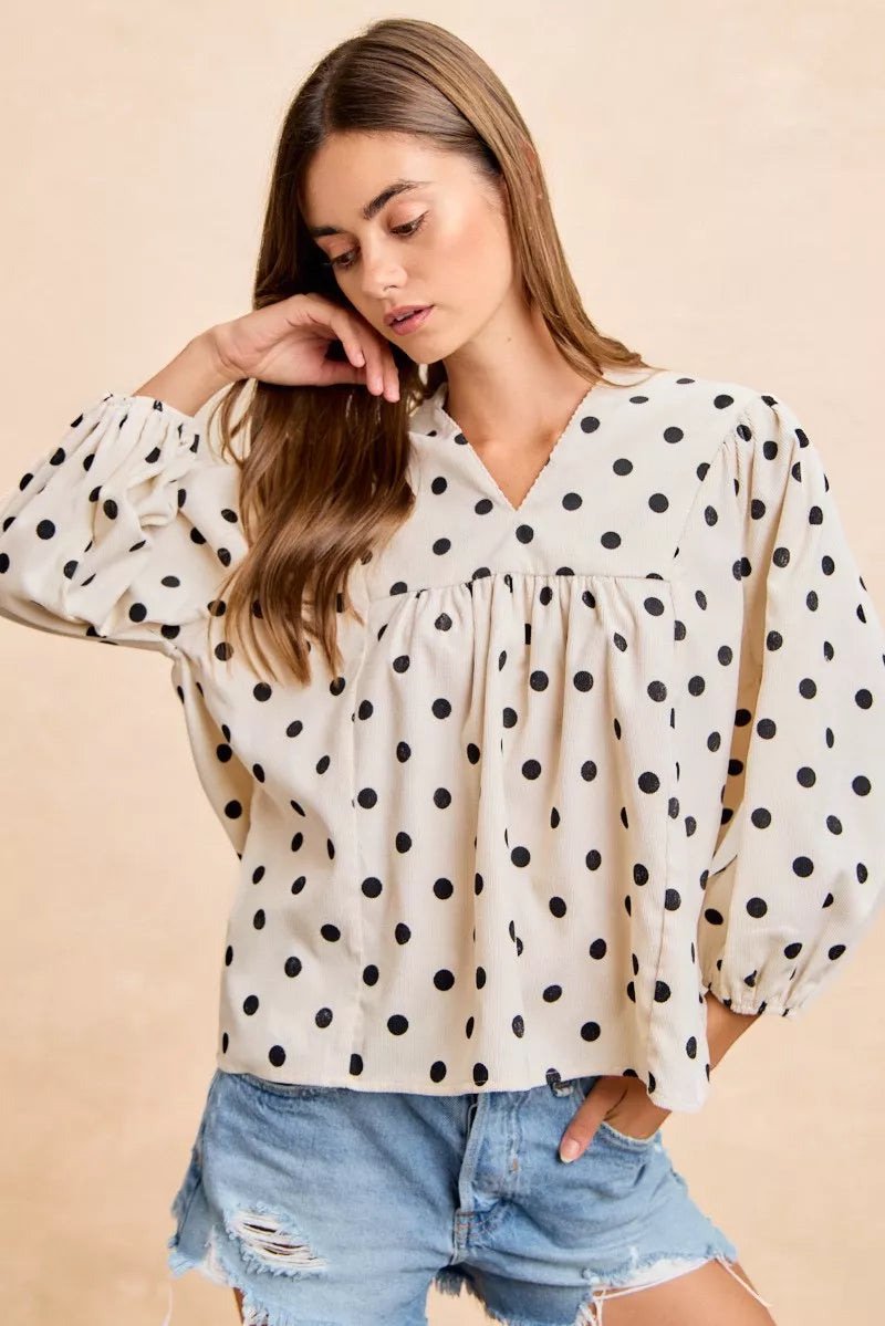 BIBI Polka Dot Corduroy Quarter Sleeves V Neck Blouse on Simply Obsessed