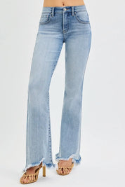 RISEN Full Size Tummy Control Mid Rise Flare Jeans with Fray Hem Detailed Plus Size on Simply Obsessed