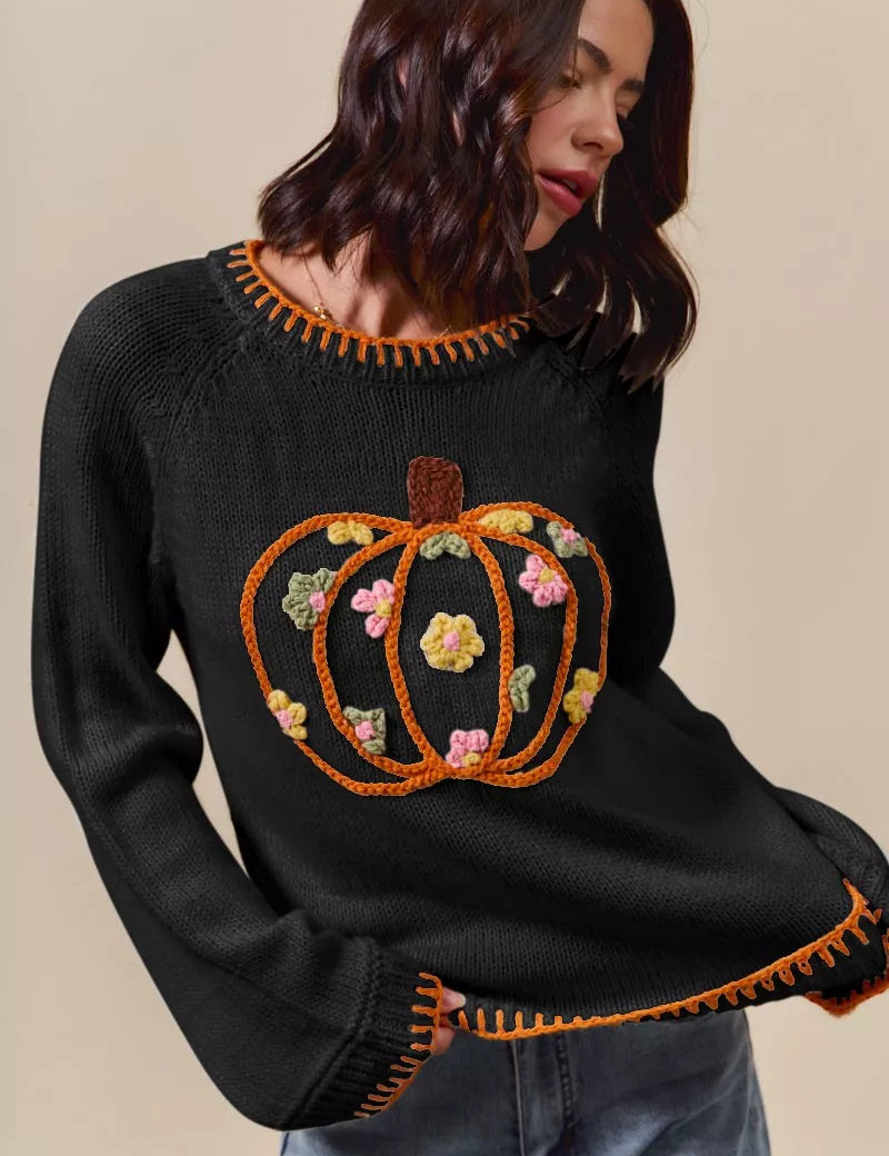 SO ME Pumpkin Floral Embroidered Thanksgiving Sweater on Simply Obsessed