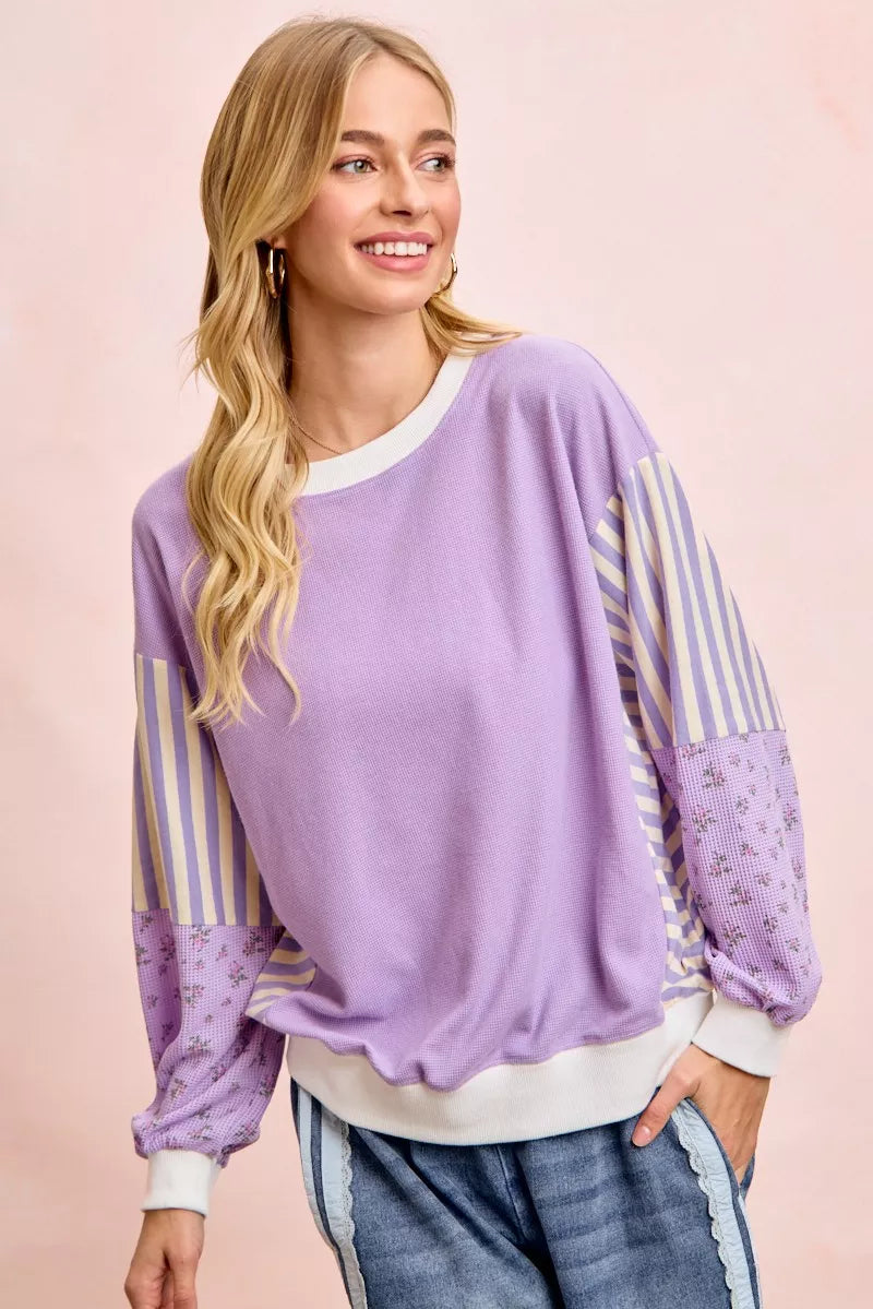 BiBi Mix and Match Sweatshirt with Floral Sleeve Striped on Simply Obsessed