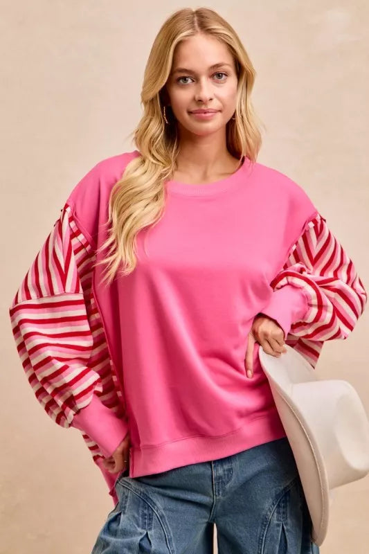 BIBI French Terry Stripe Combo Sweatshirt with Open Seam on Simply Obsessed