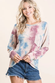 BiBi Tie Dye Print Terry Top With Front Patch Pocket on Simply Obsessed