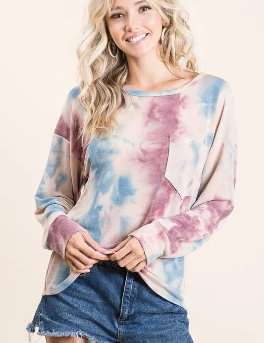 BiBi Tie Dye Print Terry Top With Front Patch Pocket on Simply Obsessed