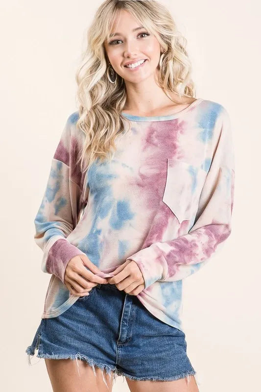 BiBi Tie Dye Print Terry Top With Front Patch Pocket on Simply Obsessed