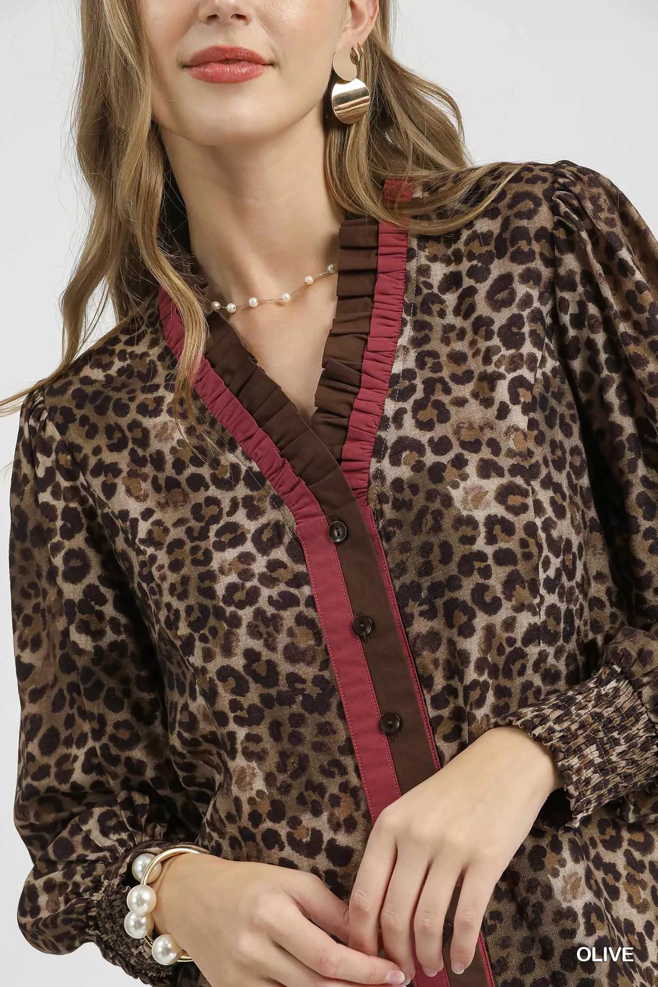 UMGEE Ruffle Trim Leopard Print Shirt on Simply Obsessed