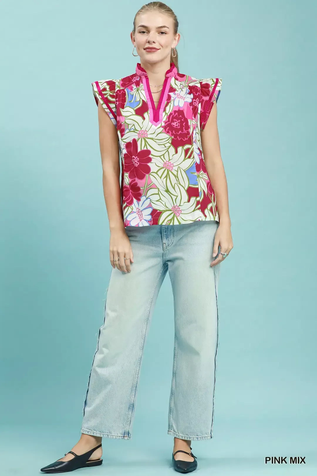 UMGEE Bold Floral Flutter Sleeve Top on Simply Obsessed