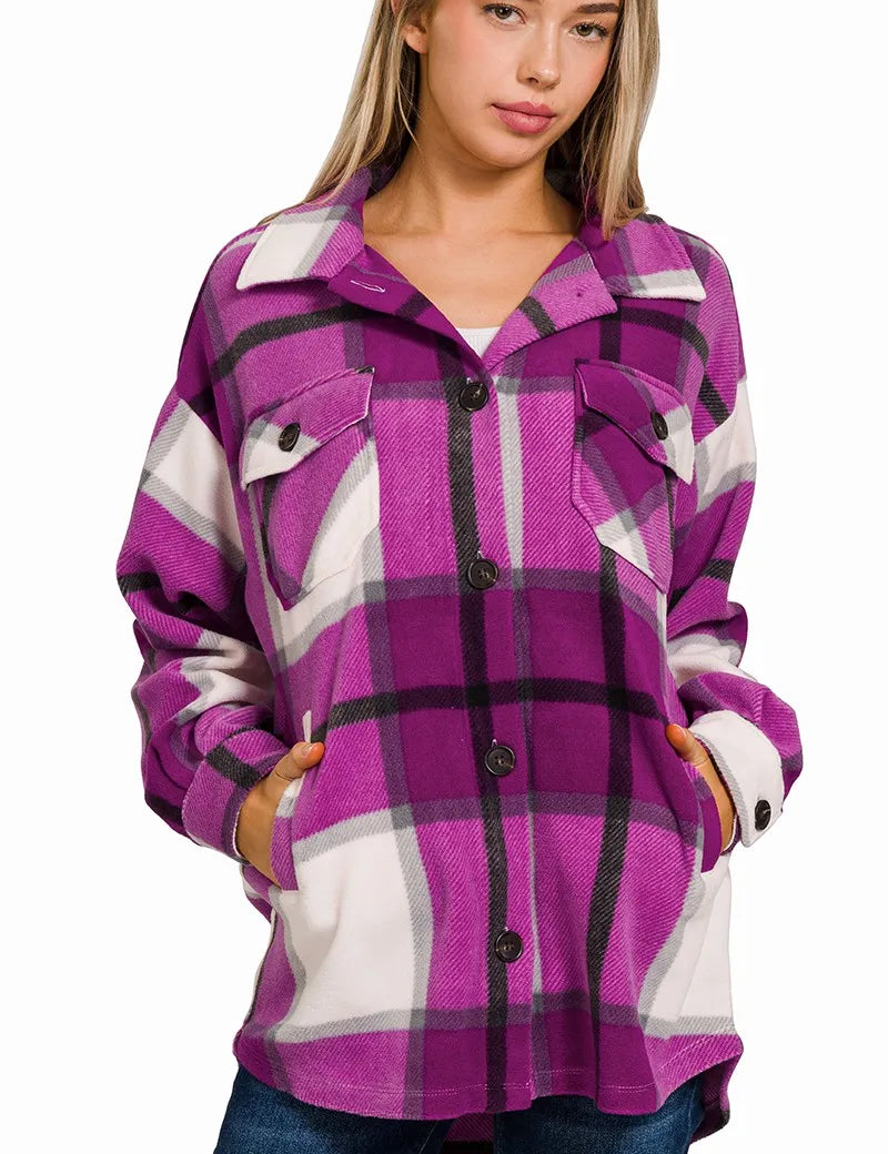 Zenana Oversized Plaid Fleece Shacket on Simply Obsessed