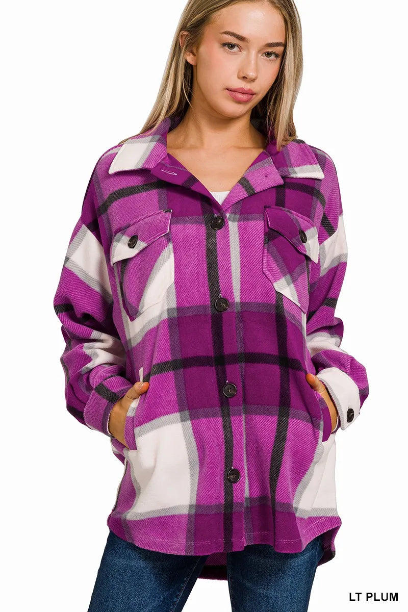 Zenana Oversized Plaid Fleece Shacket on Simply Obsessed