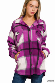 Zenana Oversized Plaid Fleece Shacket on Simply Obsessed