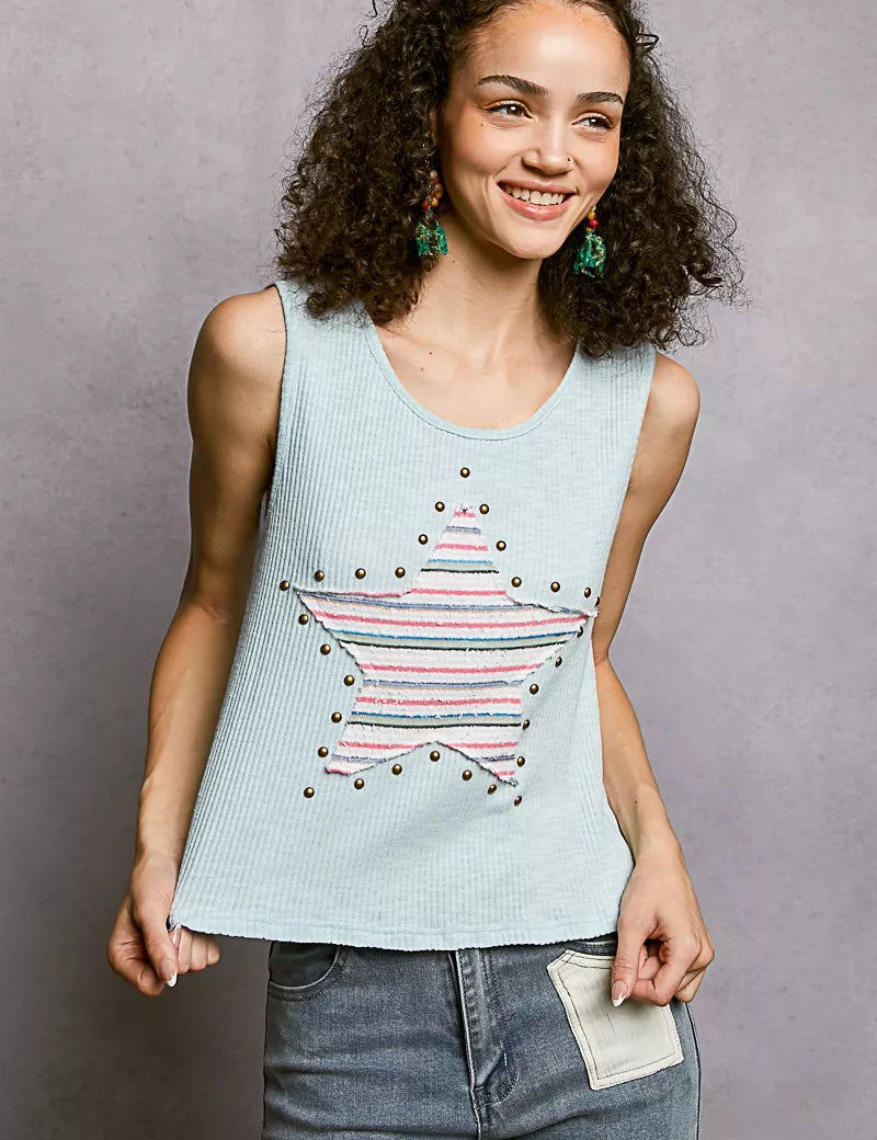 POL Round Neck Stud Point Ribbed Tank with Stripped Star Patch on Simply Obsessed