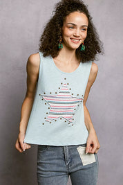 POL Round Neck Stud Point Ribbed Tank with Stripped Star Patch on Simply Obsessed