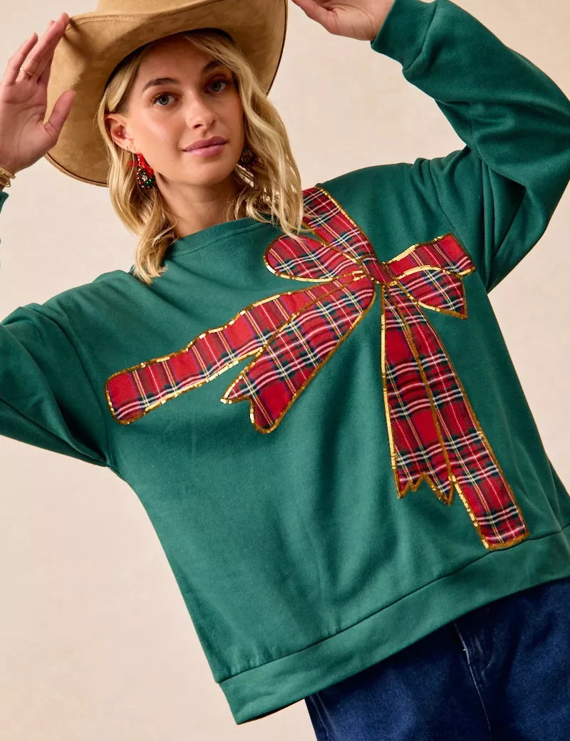 BIBI Plaid Ribbon Bow Detail Christmas Fleece Pullover on Simply Obsessed