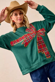 BIBI Plaid Ribbon Bow Detail Christmas Fleece Pullover on Simply Obsessed
