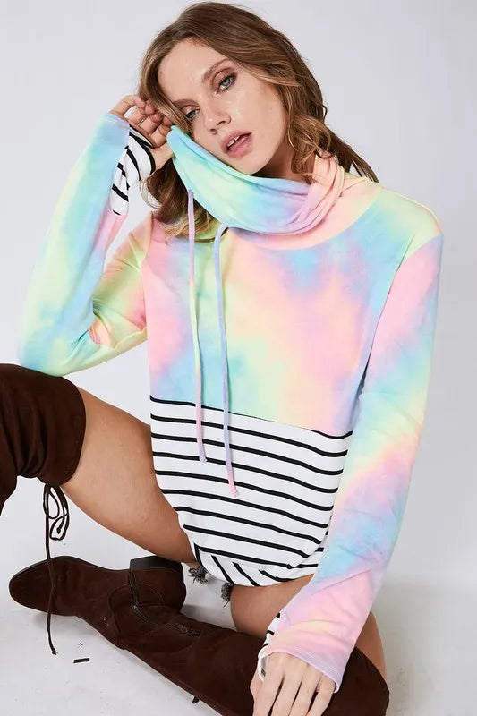 BiBi Tie Dye French Terry Cowl Neck Top on Simply Obsessed